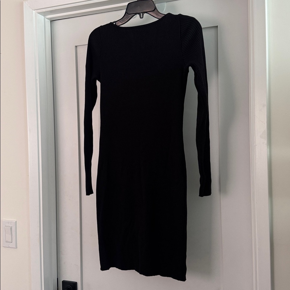 NWT Vince Square Neck Knit Dress Long Sleeve Black Ribbed Knit Mini Small $195 - Picture 4 of 7